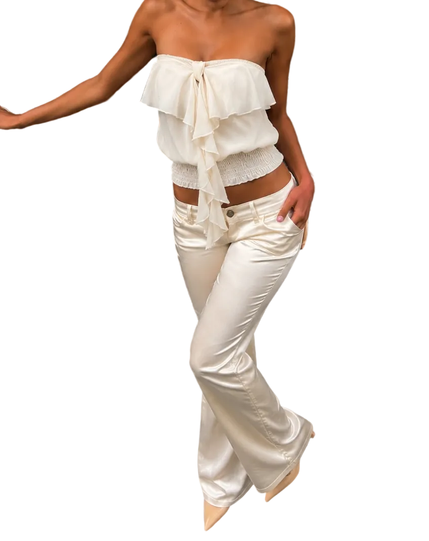 Medium y2k Strapless Ruffle Smocked Top
