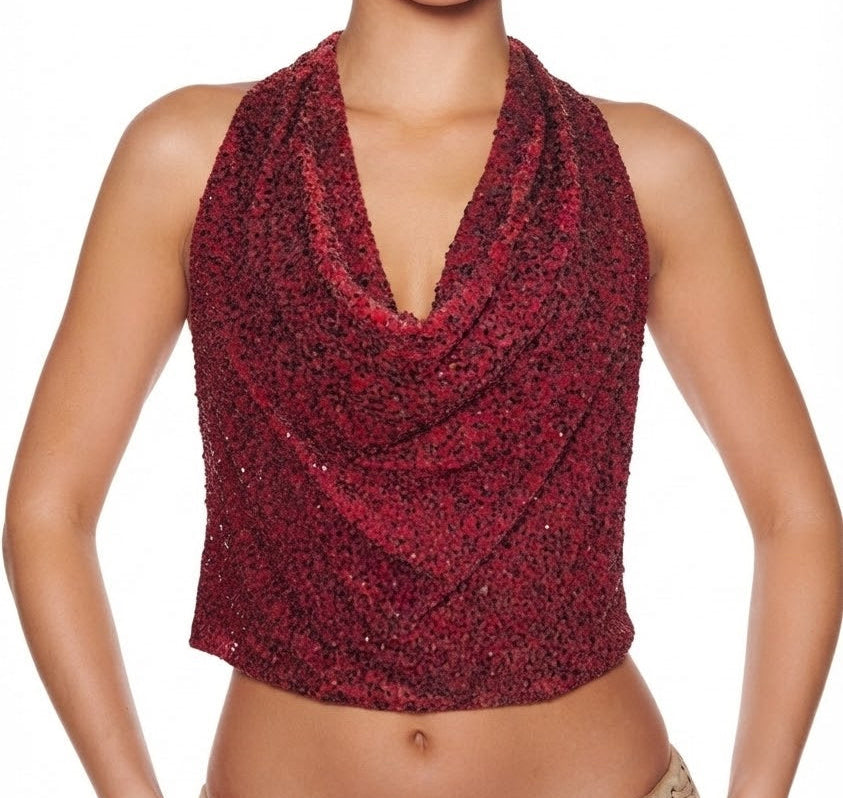 Beaded sparkly red cowl top